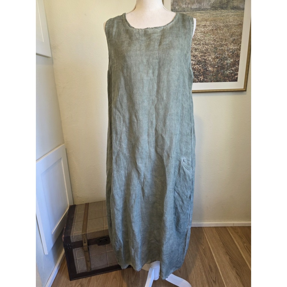 Dolma Anita Linen Sleeveless Dress Green Size S/M Lagenlook Casual Breathable